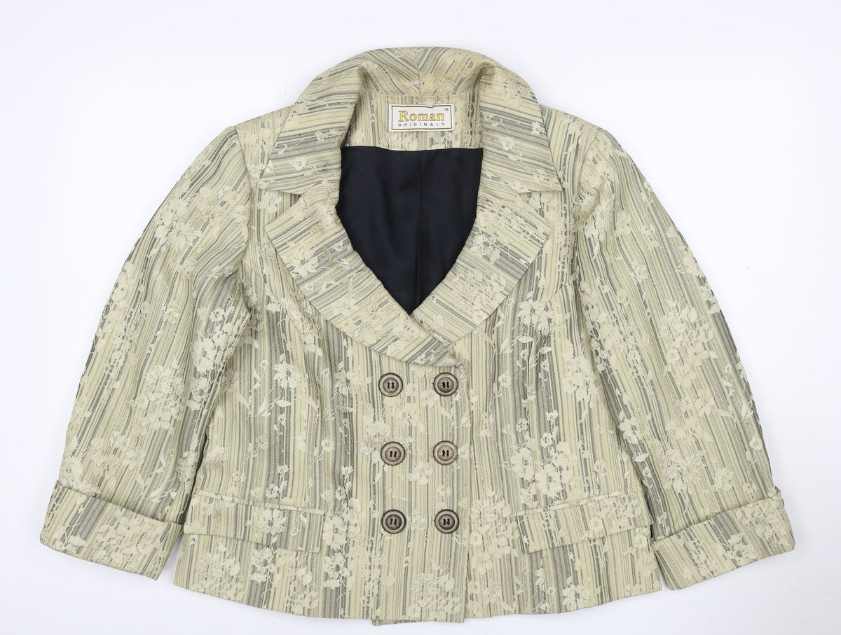 Roman Originals Women Beige Floral Stripe Size 16 Double-Breasted Blazer