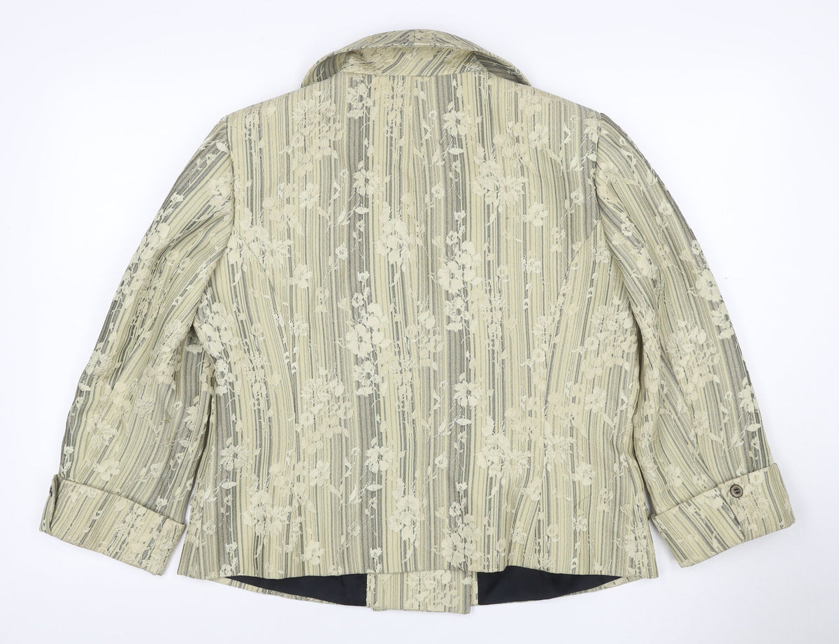 Roman Originals Women Beige Floral Stripe Size 16 Double-Breasted Blazer