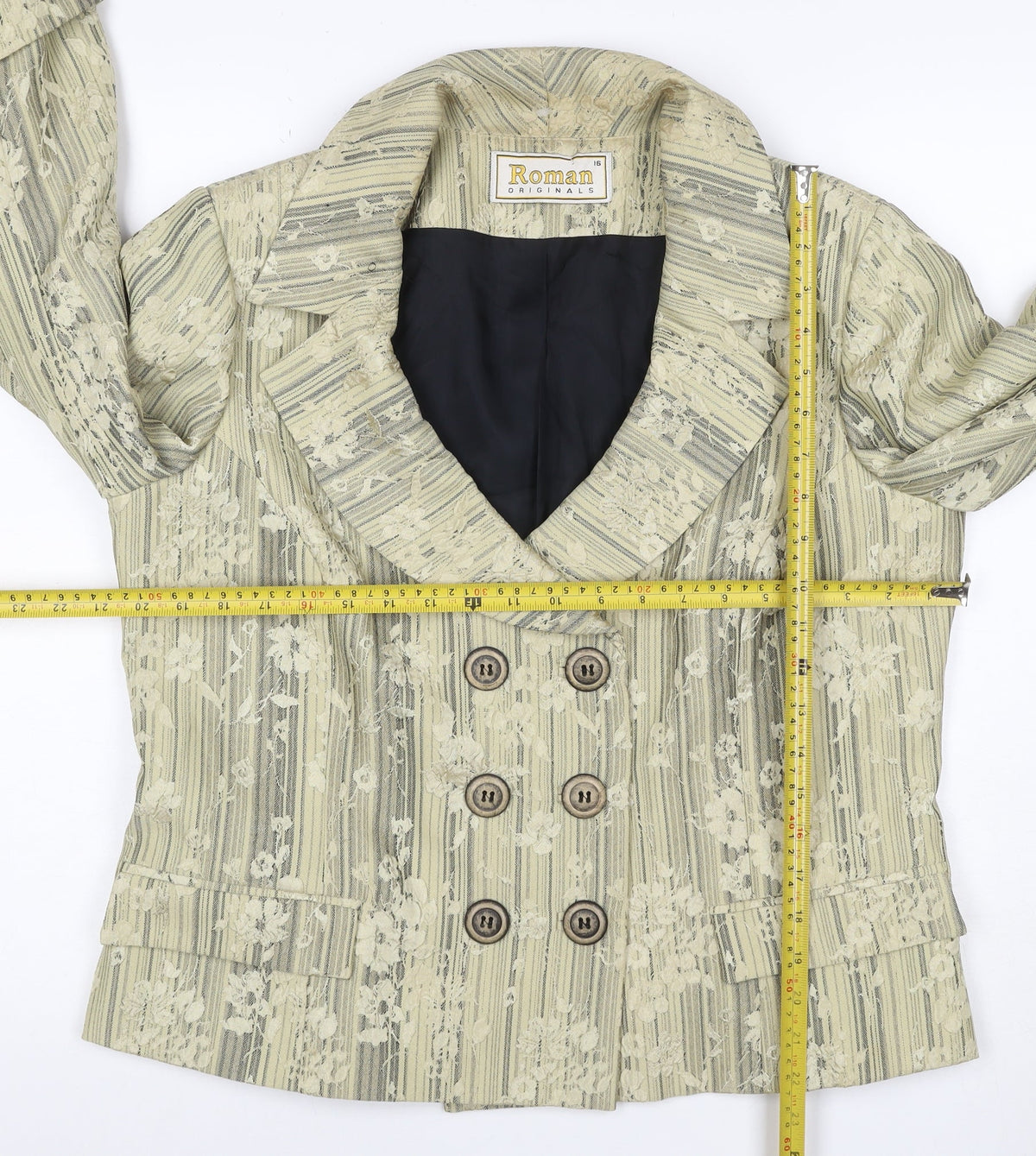 Roman Originals Women Beige Floral Stripe Size 16 Double-Breasted Blazer