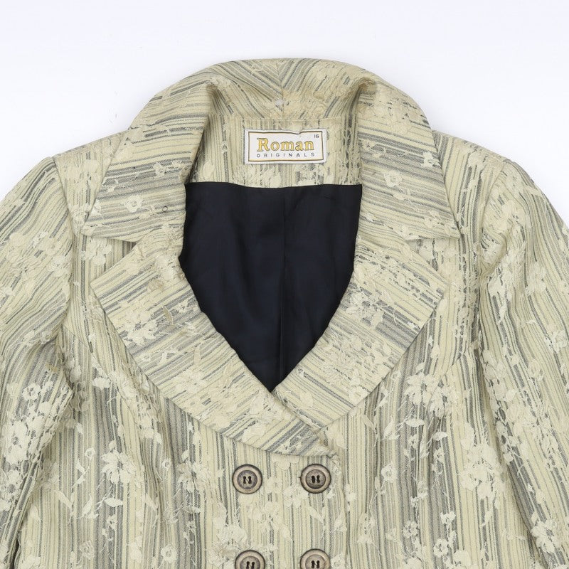 Roman Originals Women Beige Floral Stripe Size 16 Double-Breasted Blazer