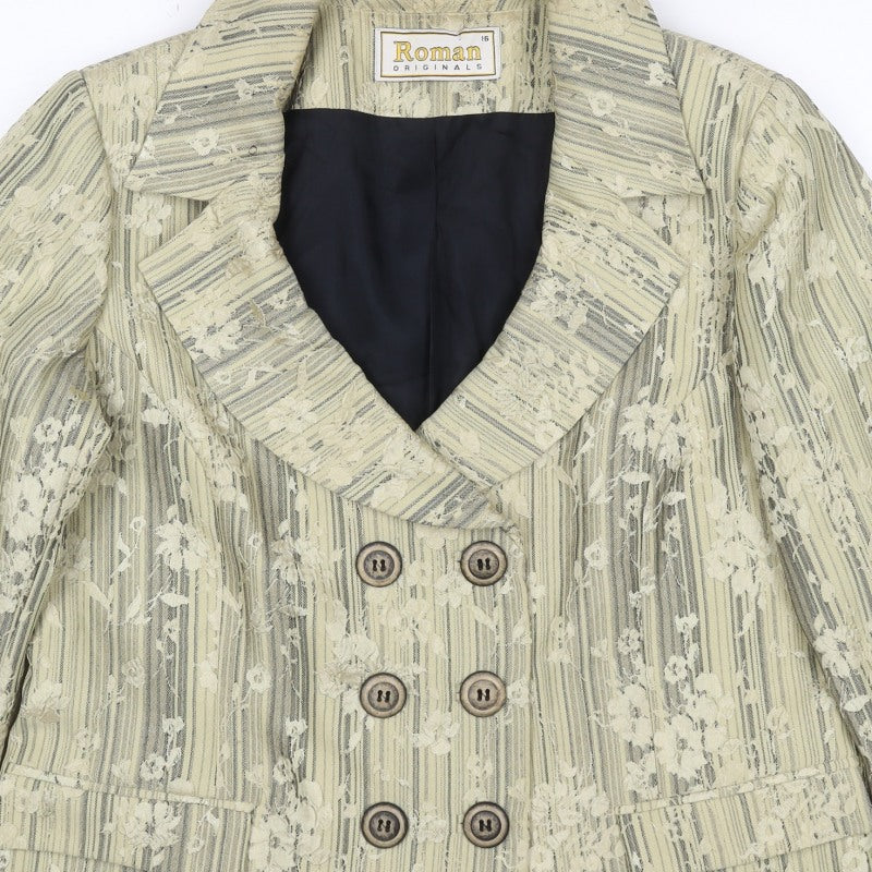 Roman Originals Women Beige Floral Stripe Size 16 Double-Breasted Blazer