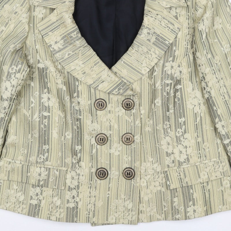 Roman Originals Women Beige Floral Stripe Size 16 Double-Breasted Blazer