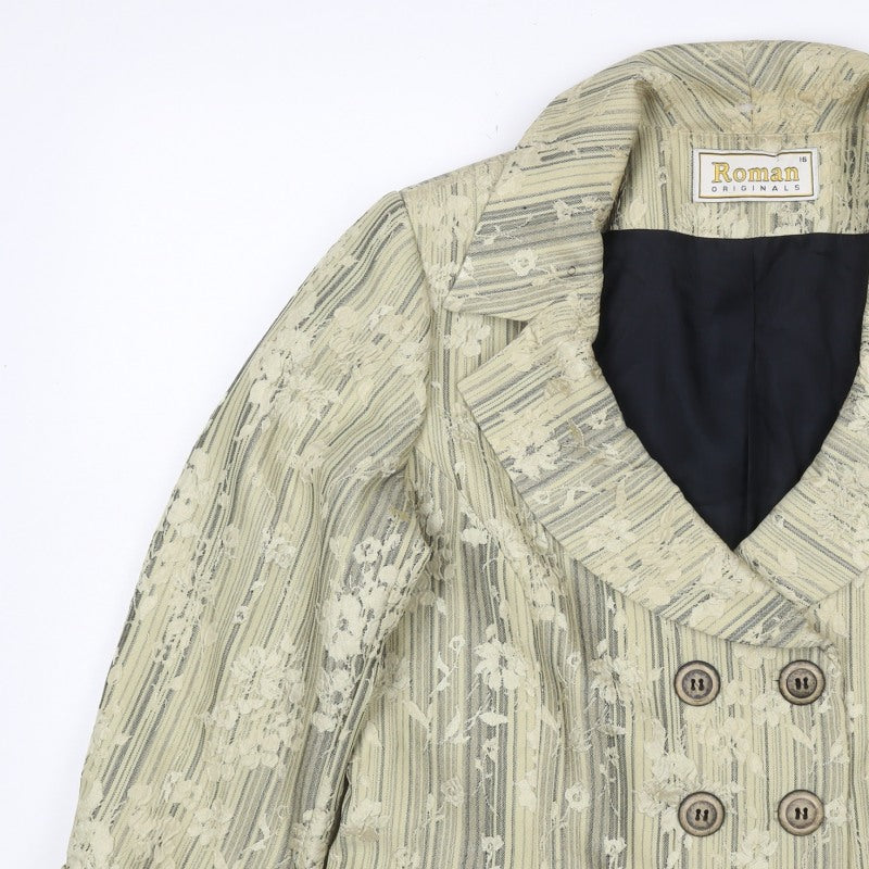 Roman Originals Women Beige Floral Stripe Size 16 Double-Breasted Blazer