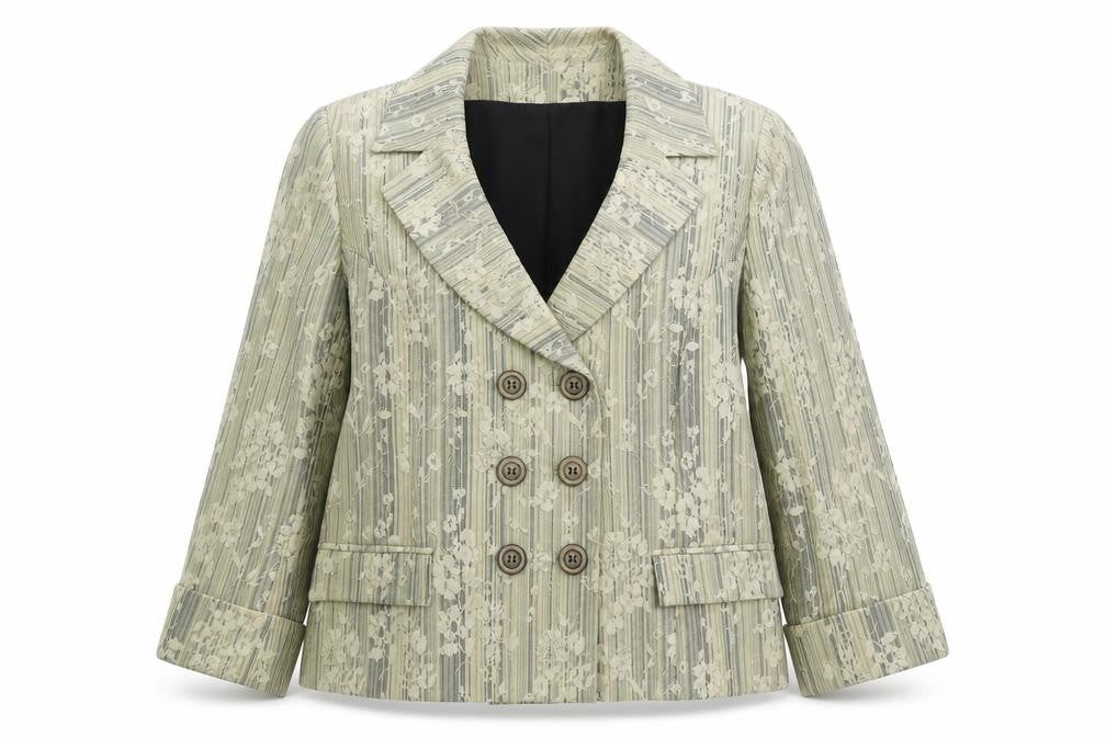 Roman Originals Women Beige Floral Stripe Size 16 Double-Breasted Blazer