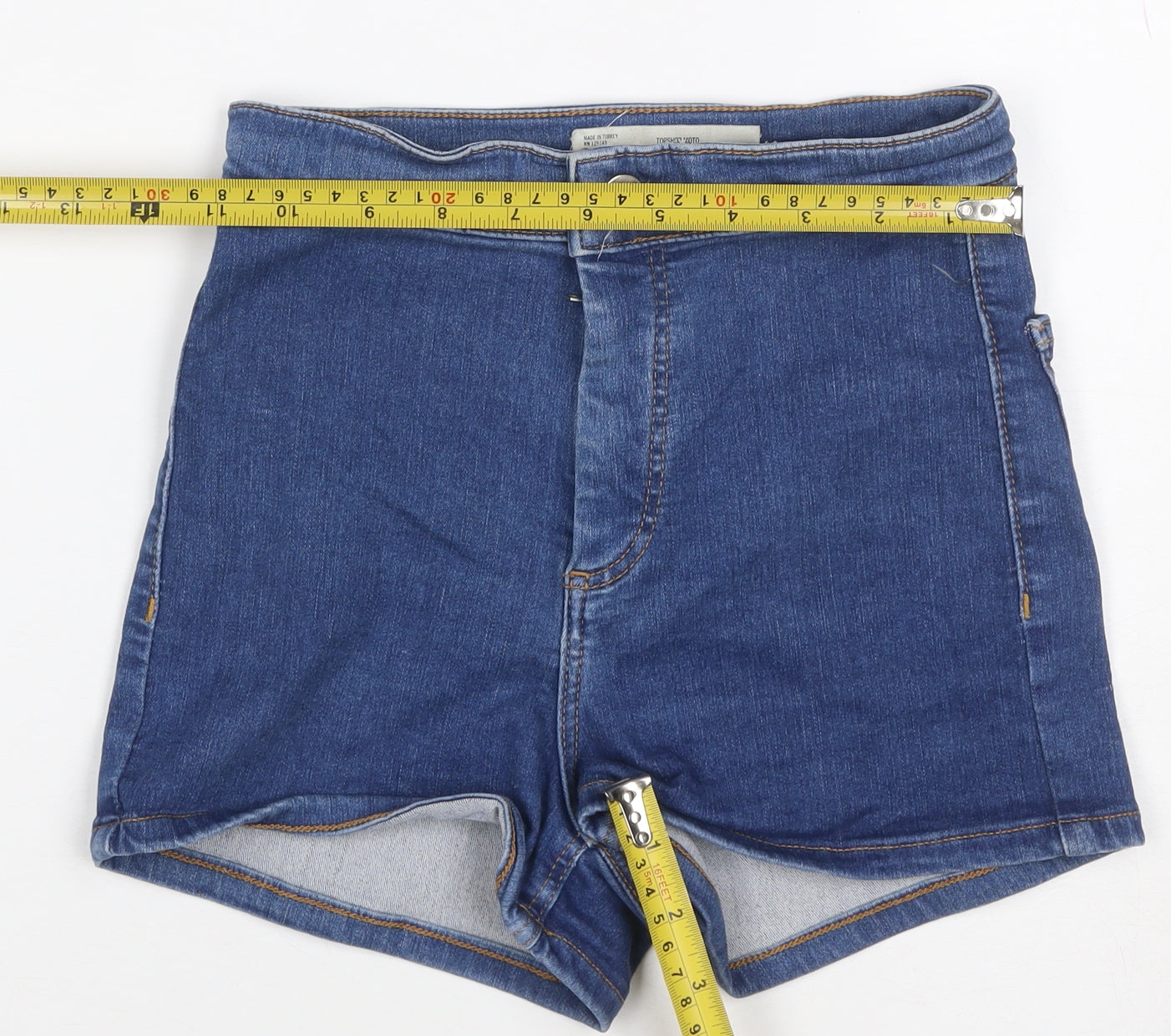 Topshop MOTO Women’s Blue Denim Hot Pants Shorts UK 6 High Rise Stretch