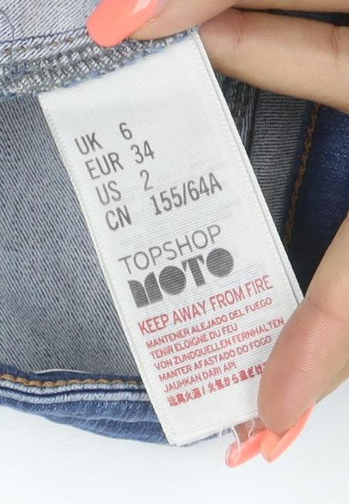 Topshop MOTO Women’s Blue Denim Hot Pants Shorts UK 6 High Rise Stretch
