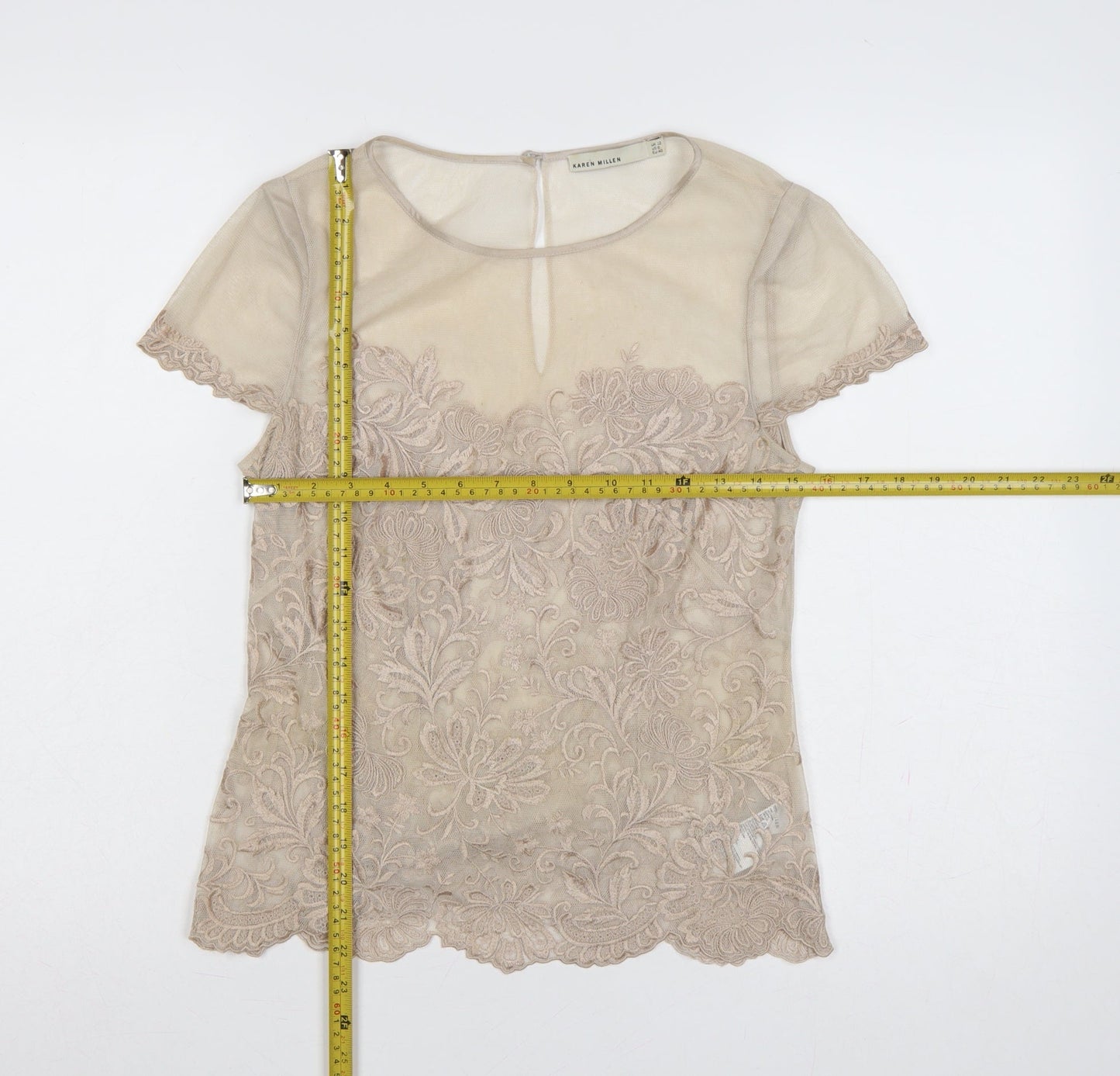 Karen Millen Women Beige UK 12 Floral Lace Mesh Short Sleeve Blouse