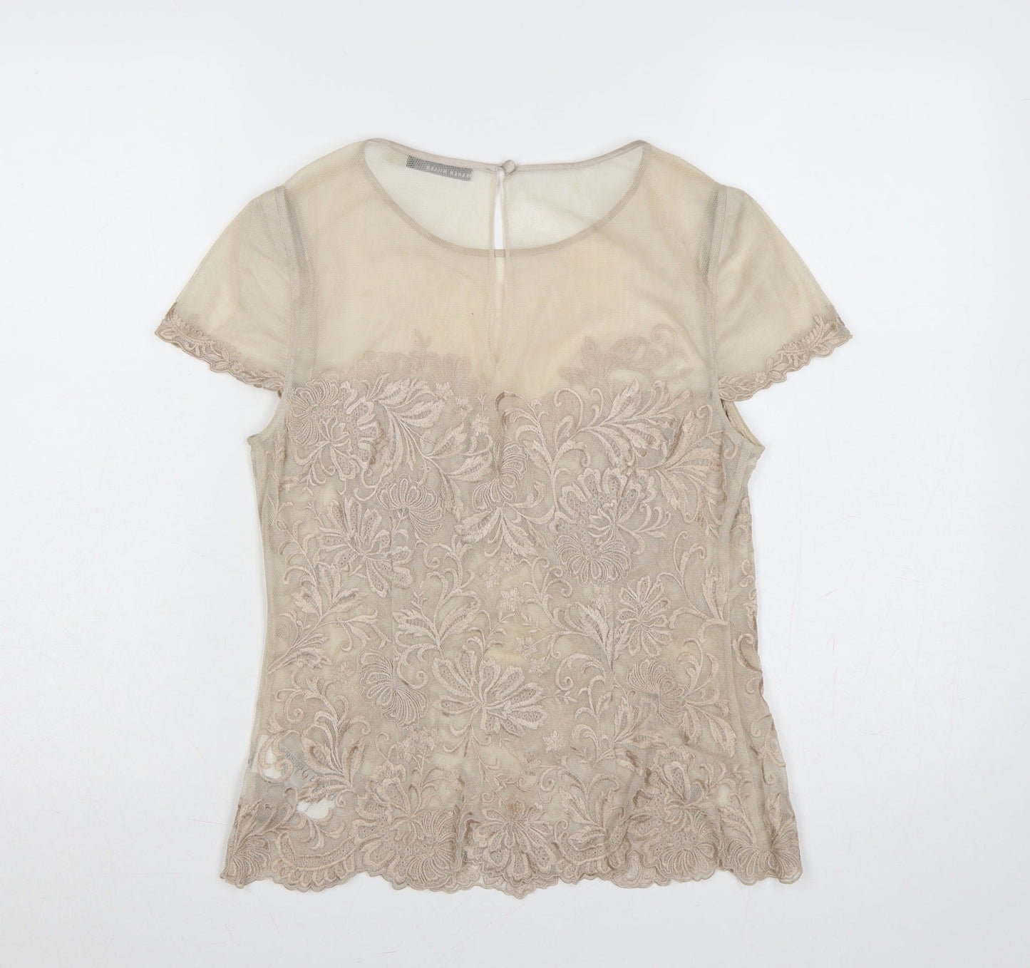 Karen Millen Women Beige UK 12 Floral Lace Mesh Short Sleeve Blouse