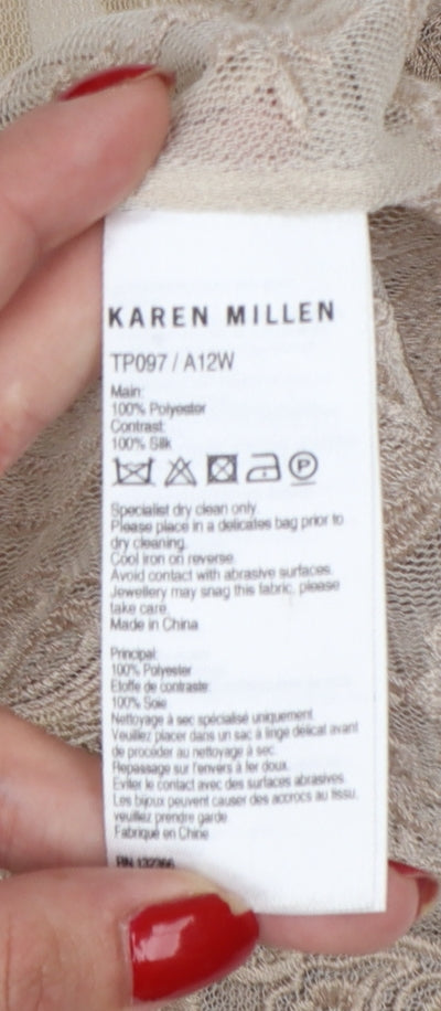 Karen Millen Women Beige UK 12 Floral Lace Mesh Short Sleeve Blouse