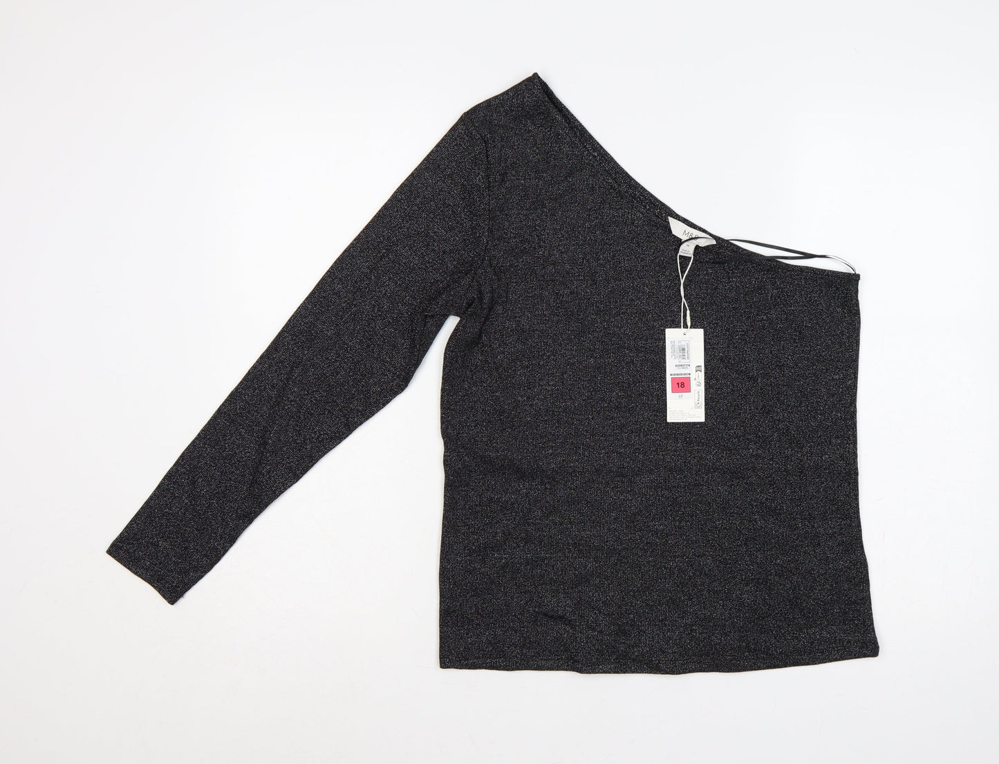 M&S Women Black Glitter One Shoulder Long Sleeve Knit Top UK 18