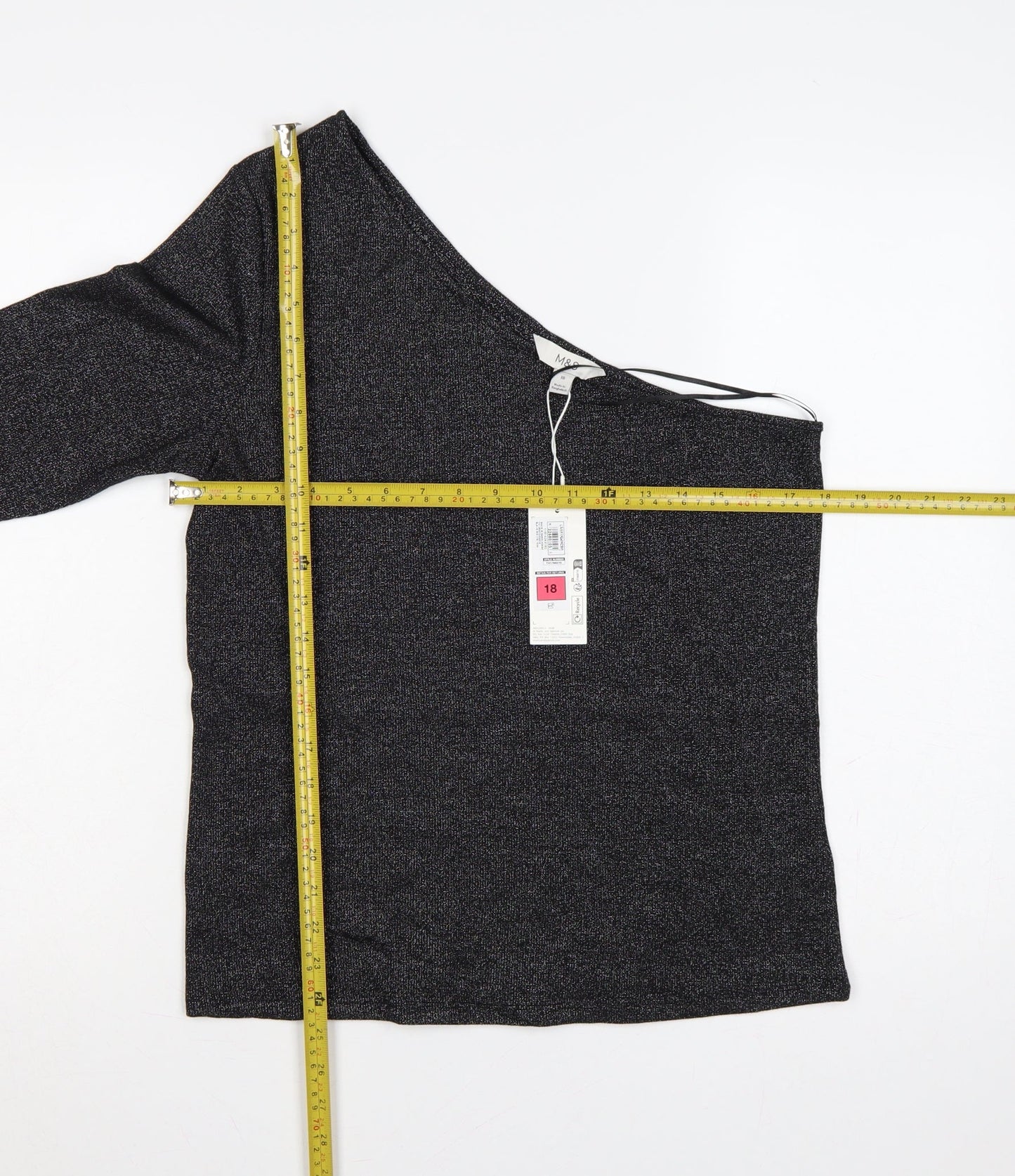 M&S Women Black Glitter One Shoulder Long Sleeve Knit Top UK 18