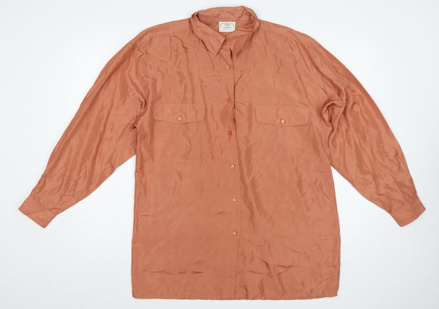 Para Women’s Brown UK 14 Pure Silk Button-Up Collared Long Sleeve Blouse