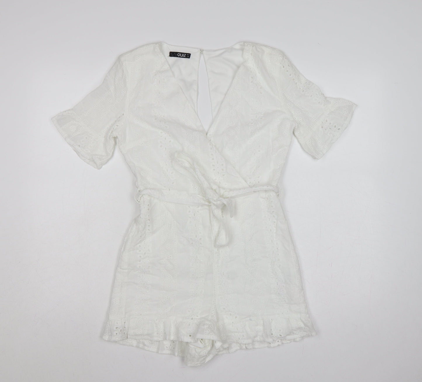 Quiz Women White Cotton Broderie Anglaise Belted Playsuit UK 8