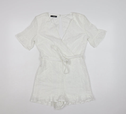 Quiz Women White Cotton Broderie Anglaise Belted Playsuit UK 8