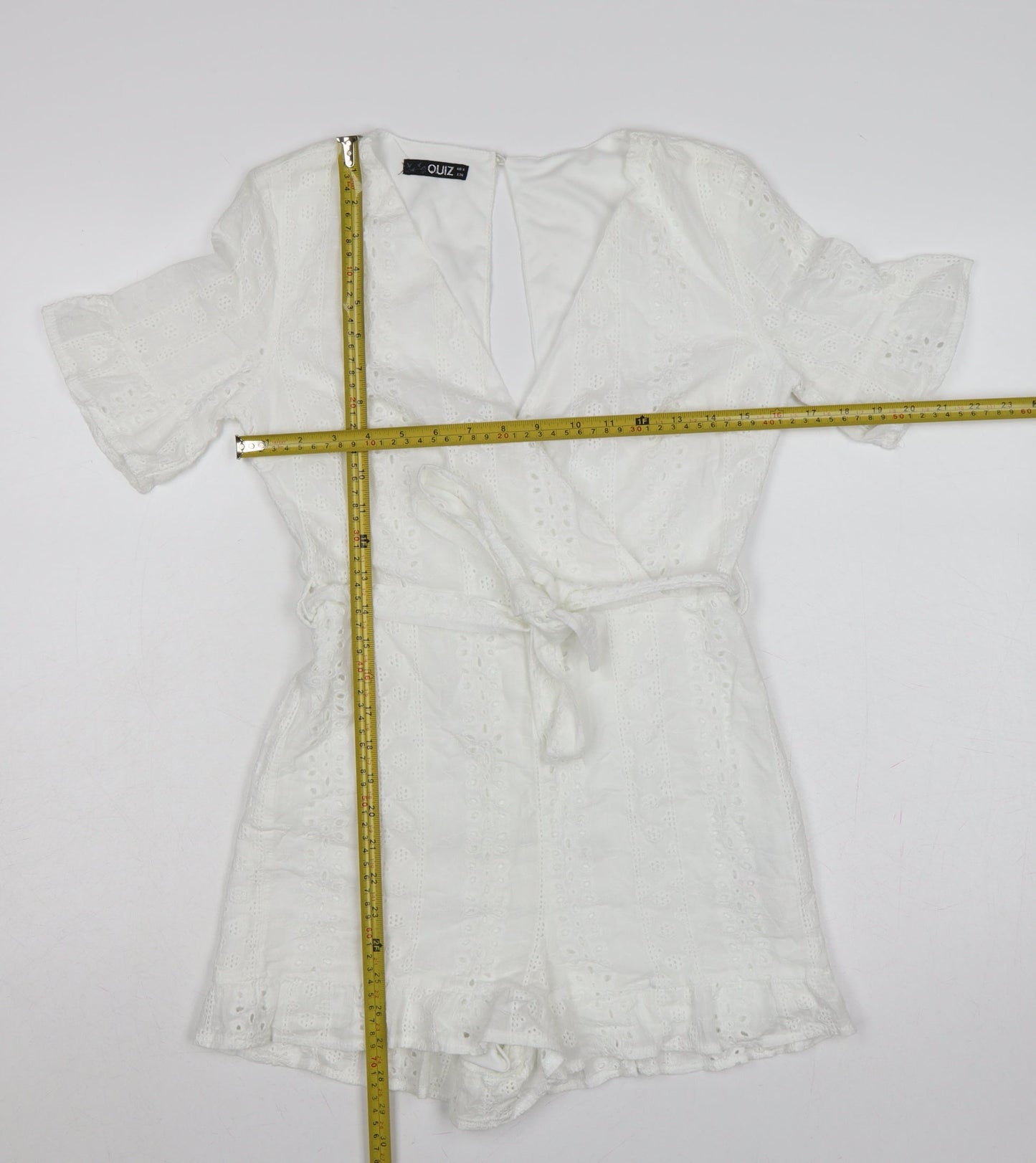 Quiz Women White Cotton Broderie Anglaise Belted Playsuit UK 8