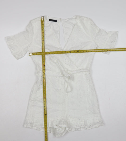 Quiz Women White Cotton Broderie Anglaise Belted Playsuit UK 8