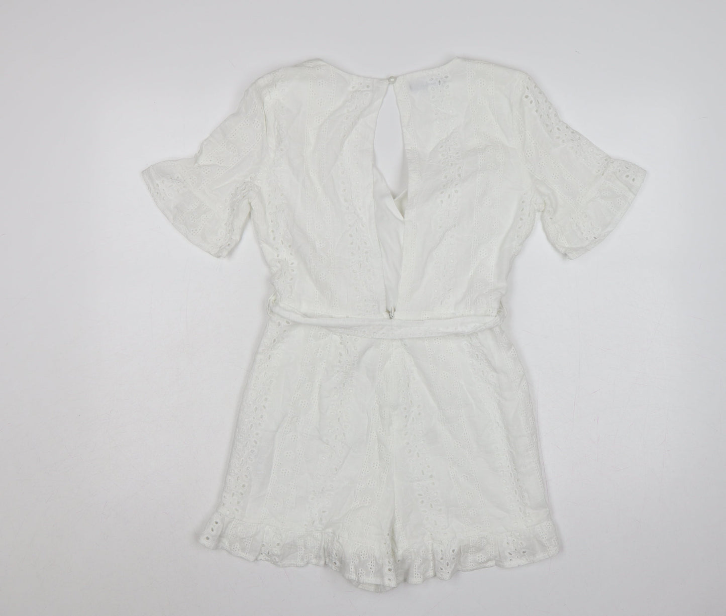 Quiz Women White Cotton Broderie Anglaise Belted Playsuit UK 8