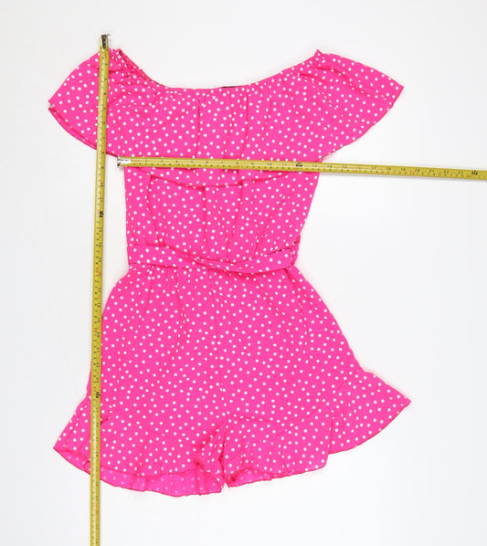 Quiz Women Pink Polka Dot Off Shoulder Playsuit UK 8 Ruffle Belted