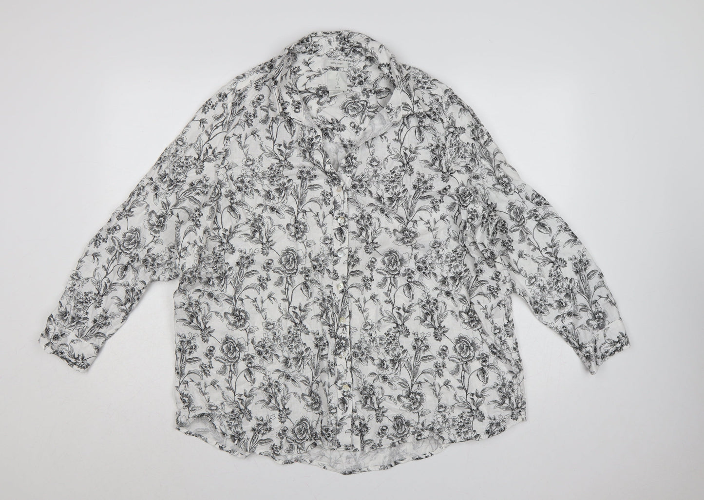 Joie Women White Floral Linen Button-Up Shirt UK 20 Long Sleeve Collared