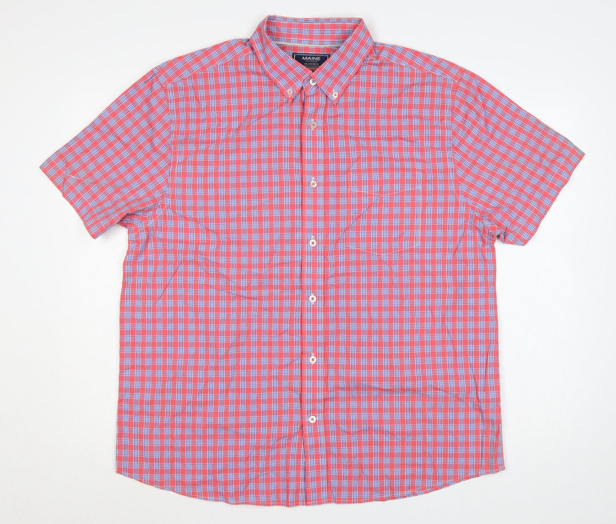 Maine New England Men’s Pink Blue Check Cotton Button-Down Short Sleeve Shirt L