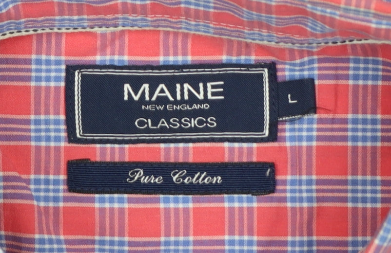 Maine New England Men’s Pink Blue Check Cotton Button-Down Short Sleeve Shirt L