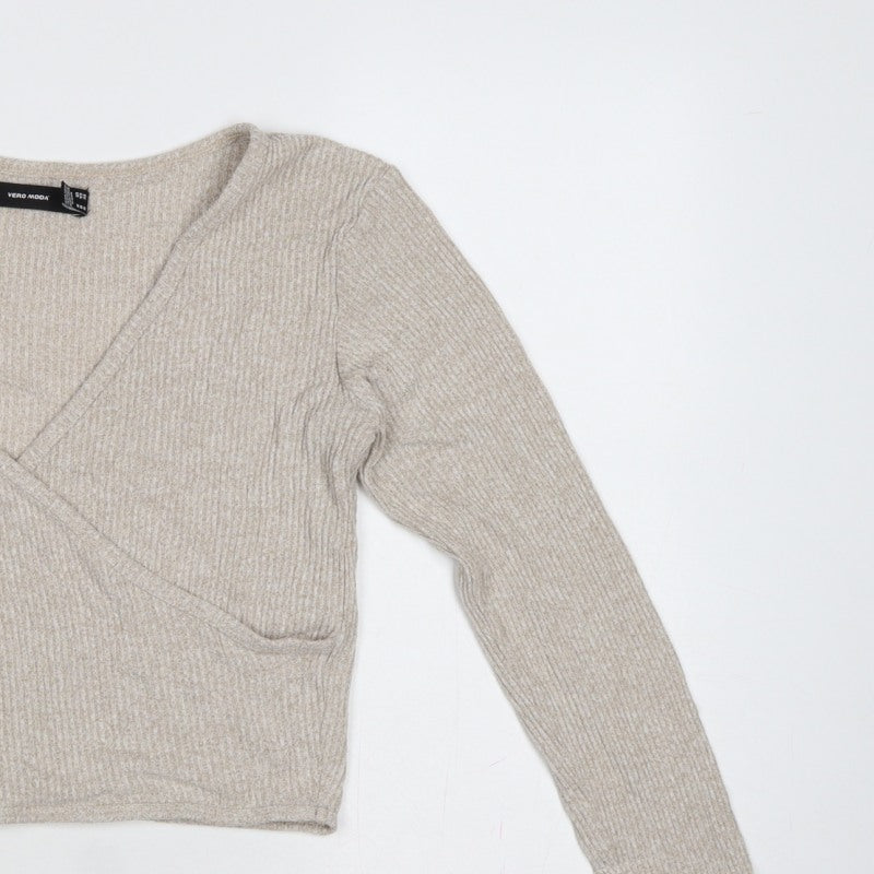 Vero Moda Women Beige M Rib Knit Wrap V-Neck Long Sleeve Blouse