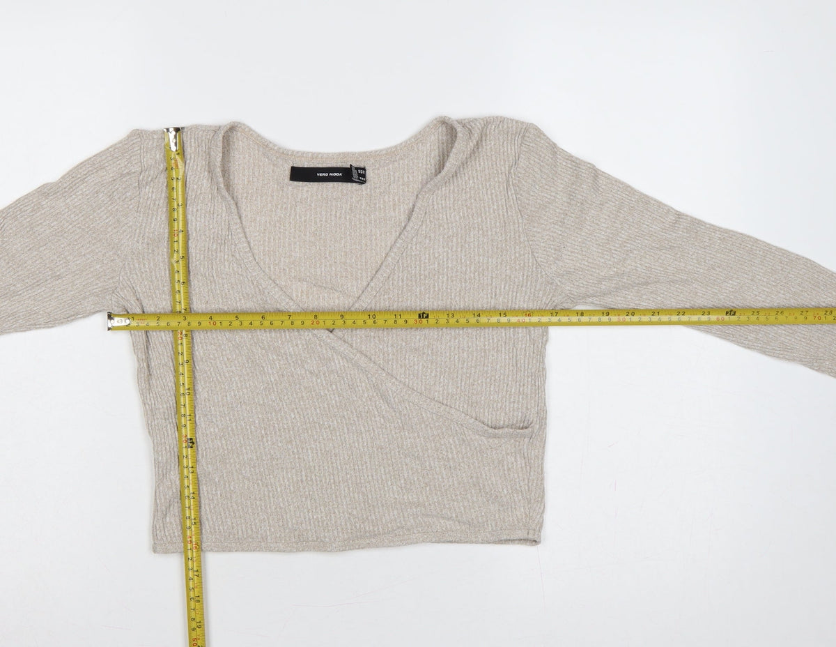 Vero Moda Women Beige M Rib Knit Wrap V-Neck Long Sleeve Blouse