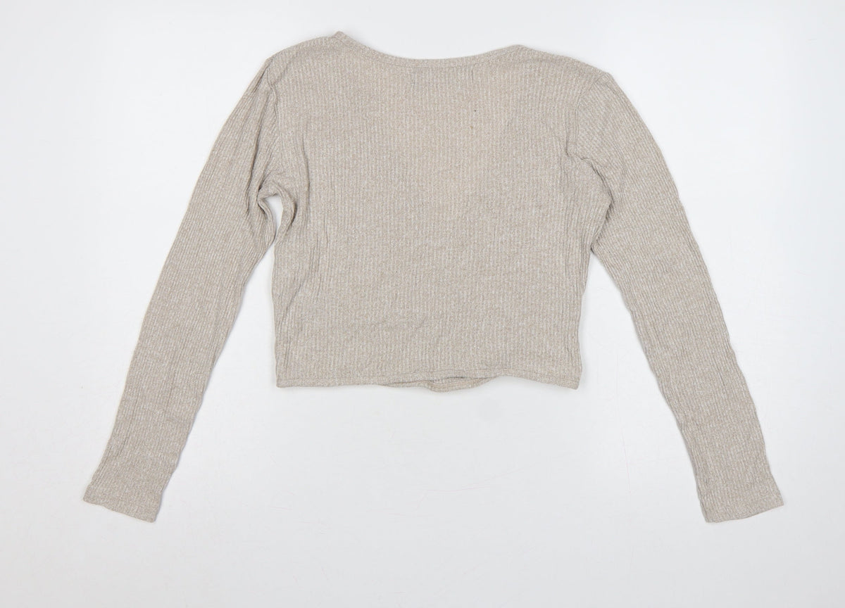 Vero Moda Women Beige M Rib Knit Wrap V-Neck Long Sleeve Blouse