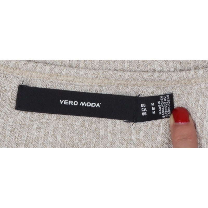 Vero Moda Women Beige M Rib Knit Wrap V-Neck Long Sleeve Blouse