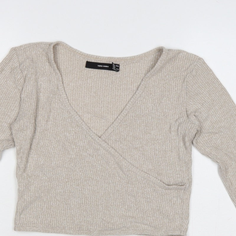 Vero Moda Women Beige M Rib Knit Wrap V-Neck Long Sleeve Blouse
