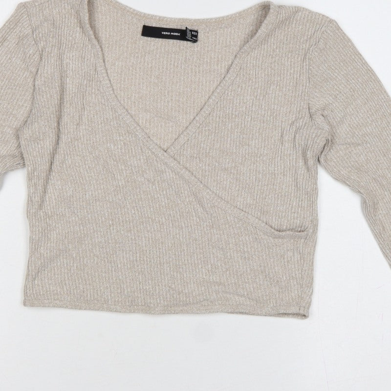 Vero Moda Women Beige M Rib Knit Wrap V-Neck Long Sleeve Blouse