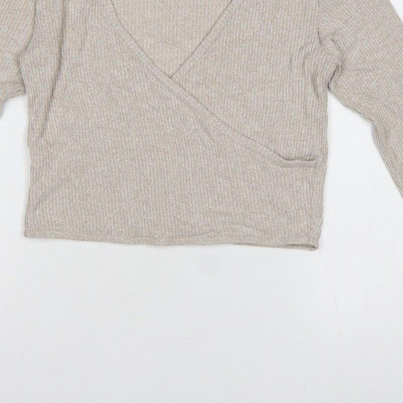 Vero Moda Women Beige M Rib Knit Wrap V-Neck Long Sleeve Blouse