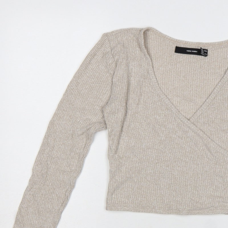 Vero Moda Women Beige M Rib Knit Wrap V-Neck Long Sleeve Blouse