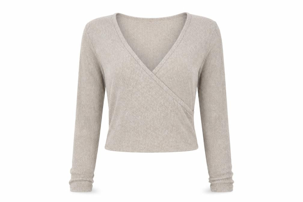 Vero Moda Women Beige M Rib Knit Wrap V-Neck Long Sleeve Blouse