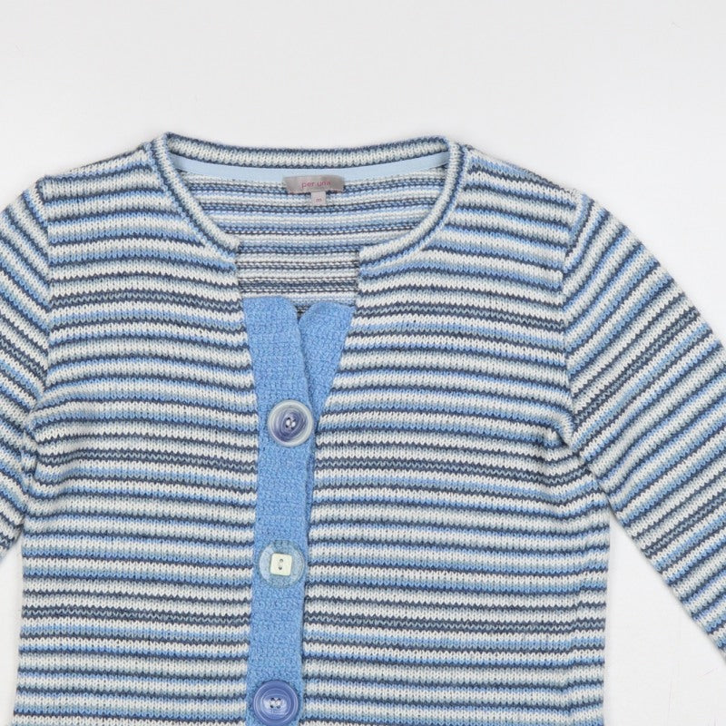 Per Una Women Blue M Striped Knit Button Cardigan