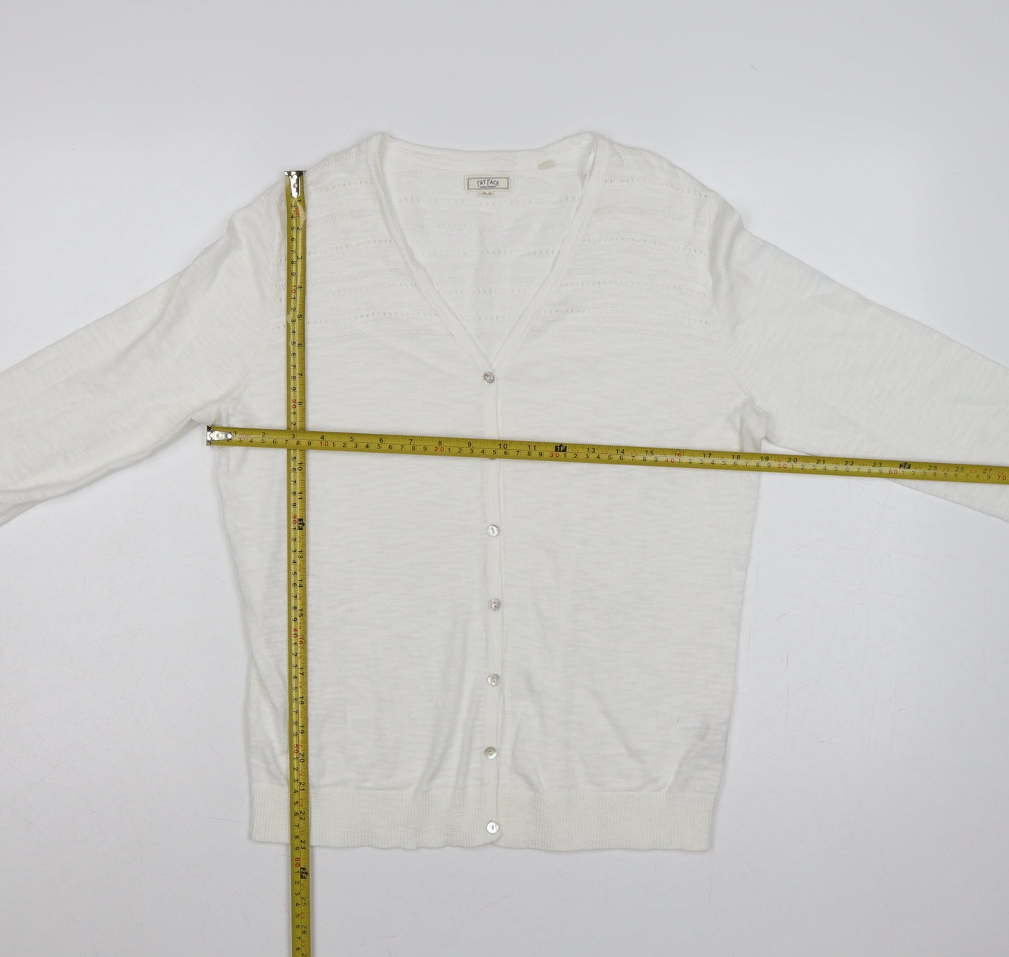 Fat Face Women's White UK 12 Open Knit V-Neck Cotton Cardigan