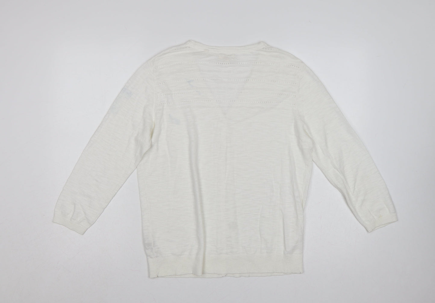 Fat Face Women's White UK 12 Open Knit V-Neck Cotton Cardigan