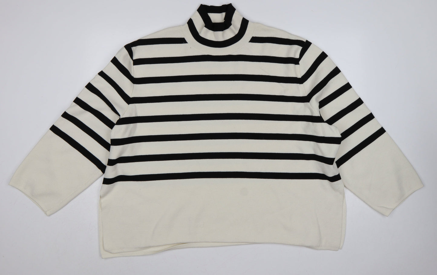 H&M Women Ivory Black Striped UK 24 Mock Neck Bell Sleeve Jumper