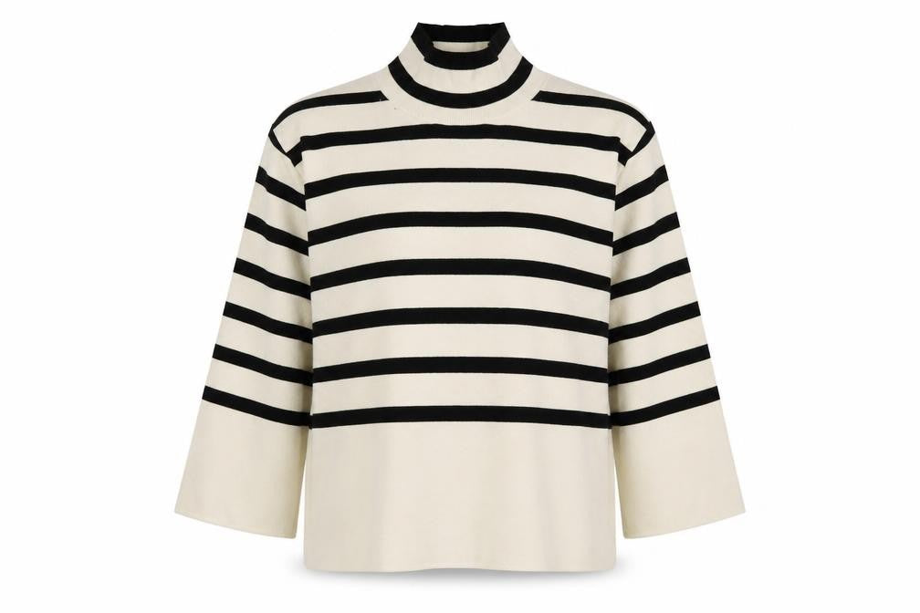 H&M Women Ivory Black Striped UK 24 Mock Neck Bell Sleeve Jumper