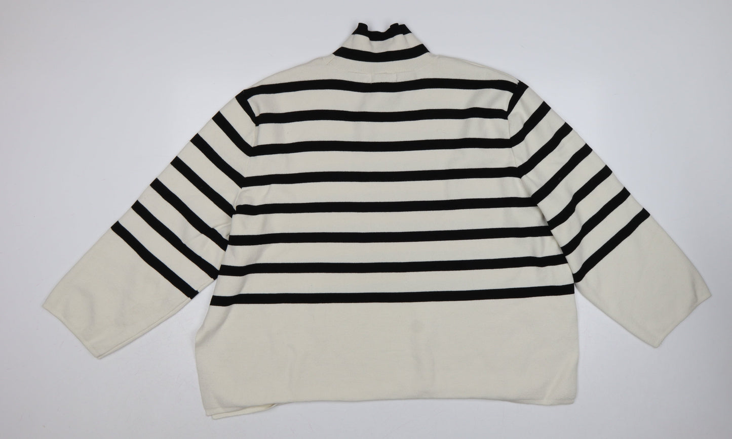 H&M Women Ivory Black Striped UK 24 Mock Neck Bell Sleeve Jumper