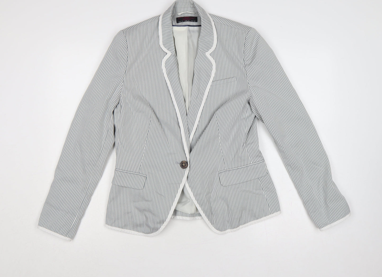 New Look Women Grey White Stripe UK 14 Single-Breasted Blazer