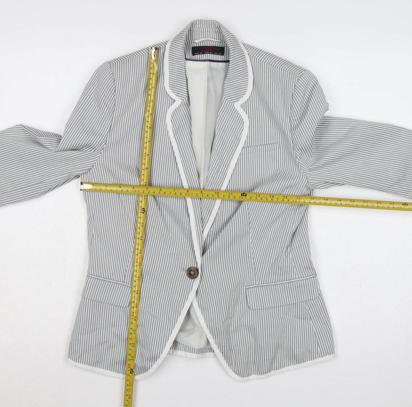 New Look Women Grey White Stripe UK 14 Single-Breasted Blazer
