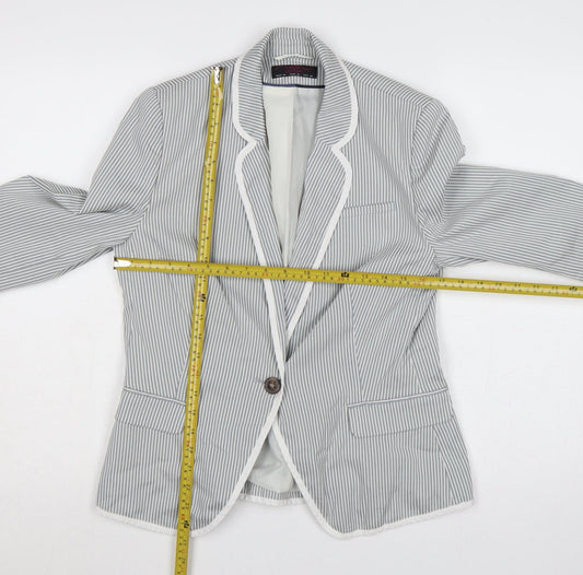 New Look Women Grey White Stripe UK 14 Single-Breasted Blazer