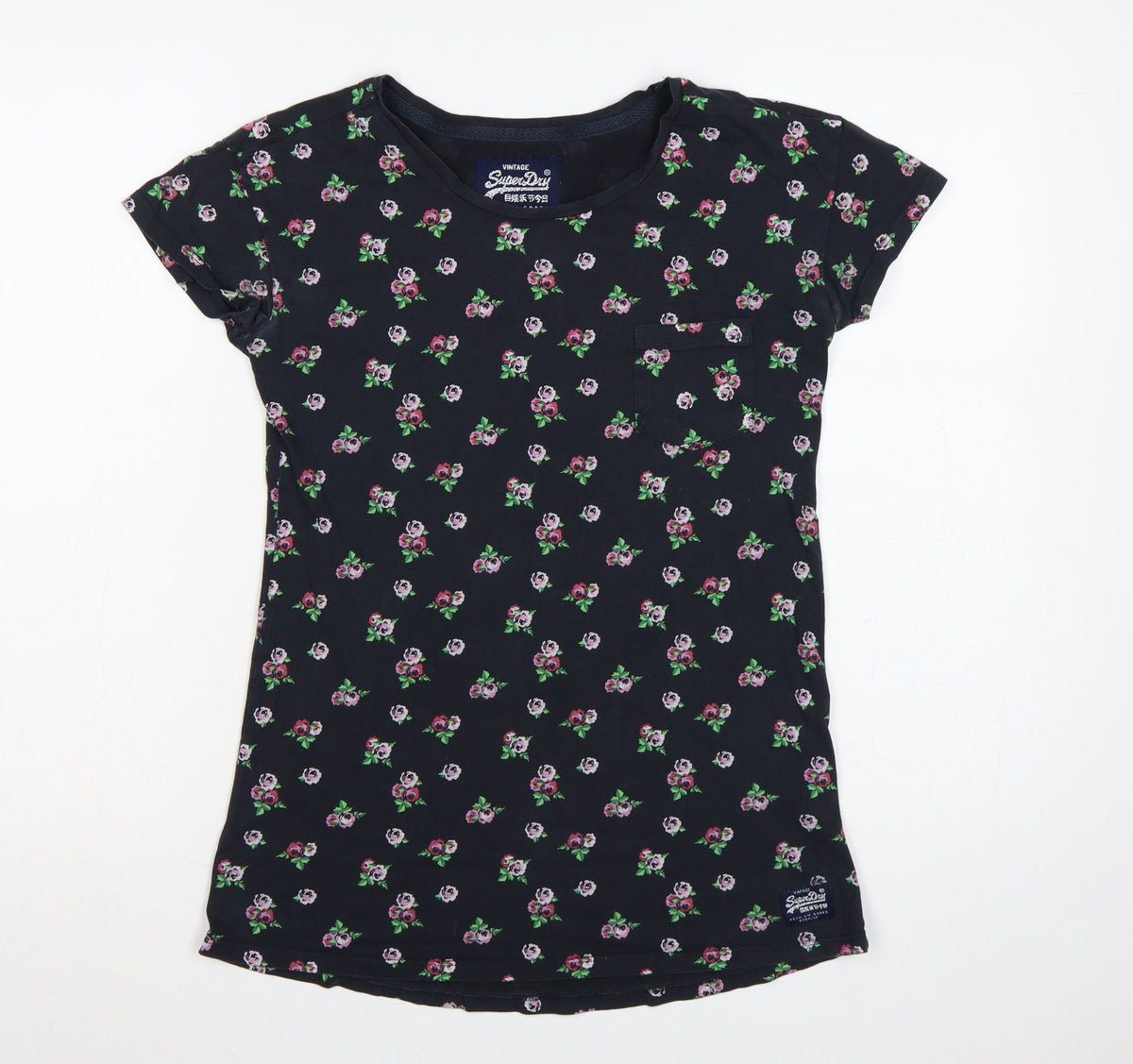 Superdry Women Black S Floral Rose Slim Fit Cotton T-Shirt