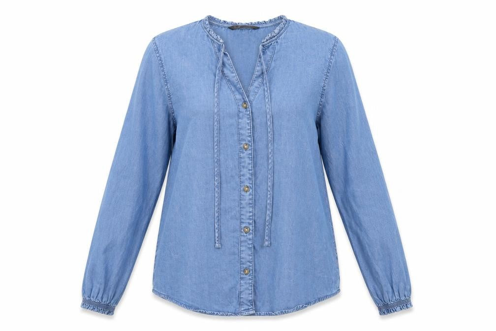 Dunnes Women Blue S Lyocell Chambray Ruffle Button-Up Shirt