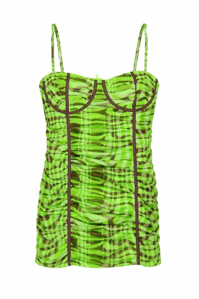 PrettyLittleThing Women Green Zebra Mesh Ruched Bodycon Mini Dress UK 16