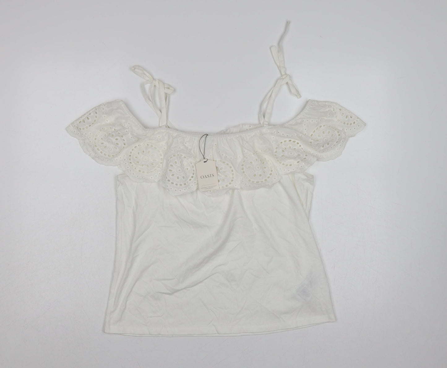 Oasis Women White M Cotton Broderie Anglaise Ruffle Tie Strap Camisole Top