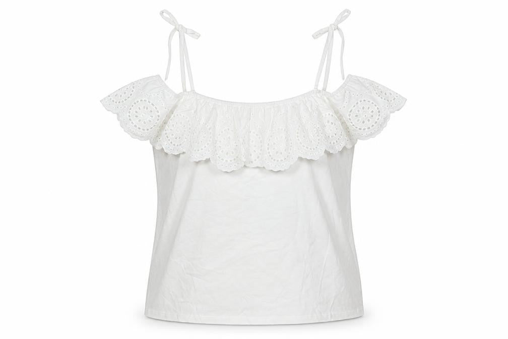 Oasis Women White M Cotton Broderie Anglaise Ruffle Tie Strap Camisole Top