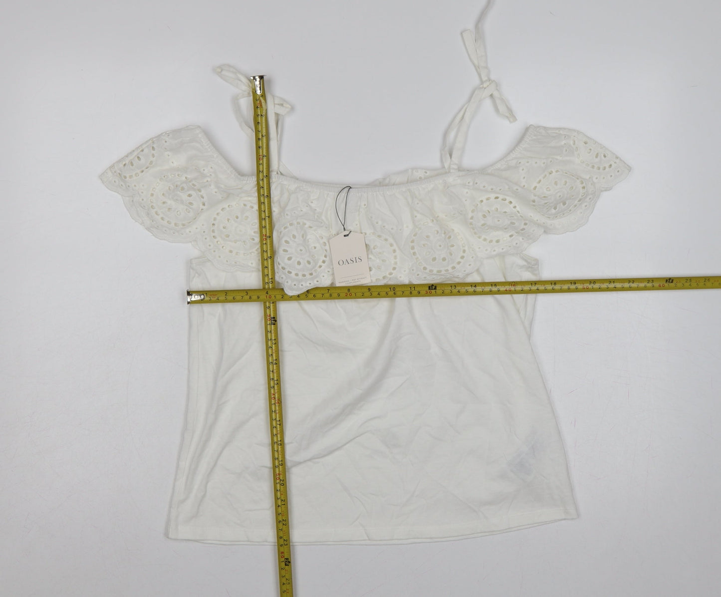 Oasis Women White M Cotton Broderie Anglaise Ruffle Tie Strap Camisole Top