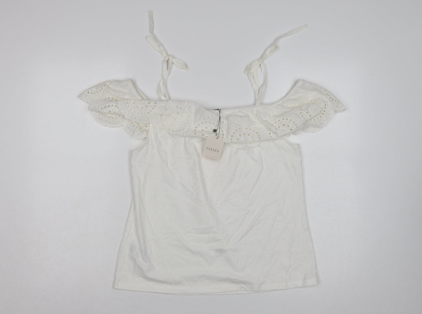 Oasis Women White M Cotton Broderie Anglaise Ruffle Tie Strap Camisole Top
